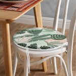 - RealHomes Yuvarlak Fermuarlı Minder - Realhomes  Soft Renkli Zemin Üzerinde Koyu Renkli Yaprak Desenli Dijital Baskılı Modern Yuvarlak Fermuarlı Sandalye Minderi Realhomes