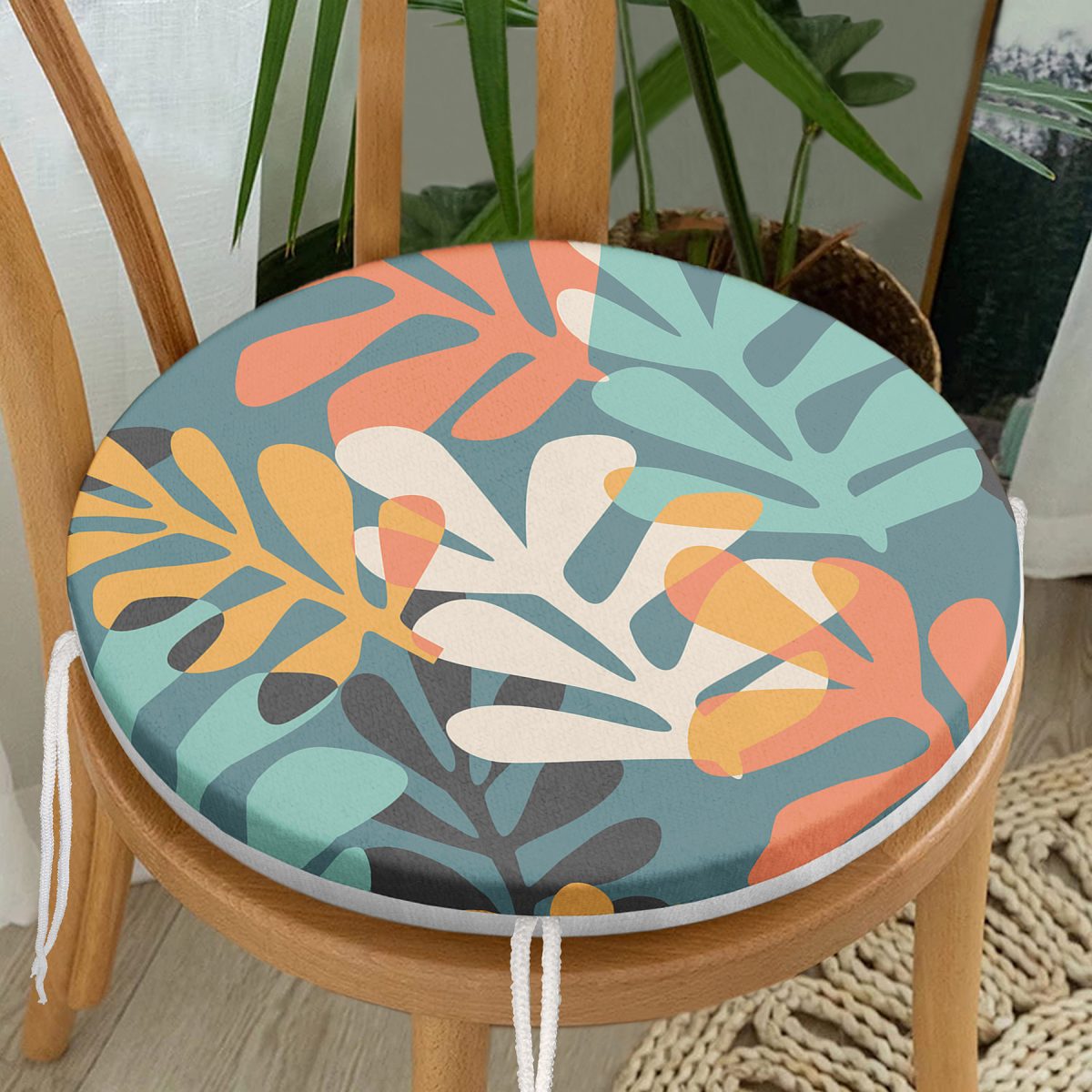 Renkli Zemin Üzerinde Onedraw Çizimli Yaprak Motifli Dijital Baskılı Modern Yuvarlak Fermuarlı Sandalye Minderi Realhomes