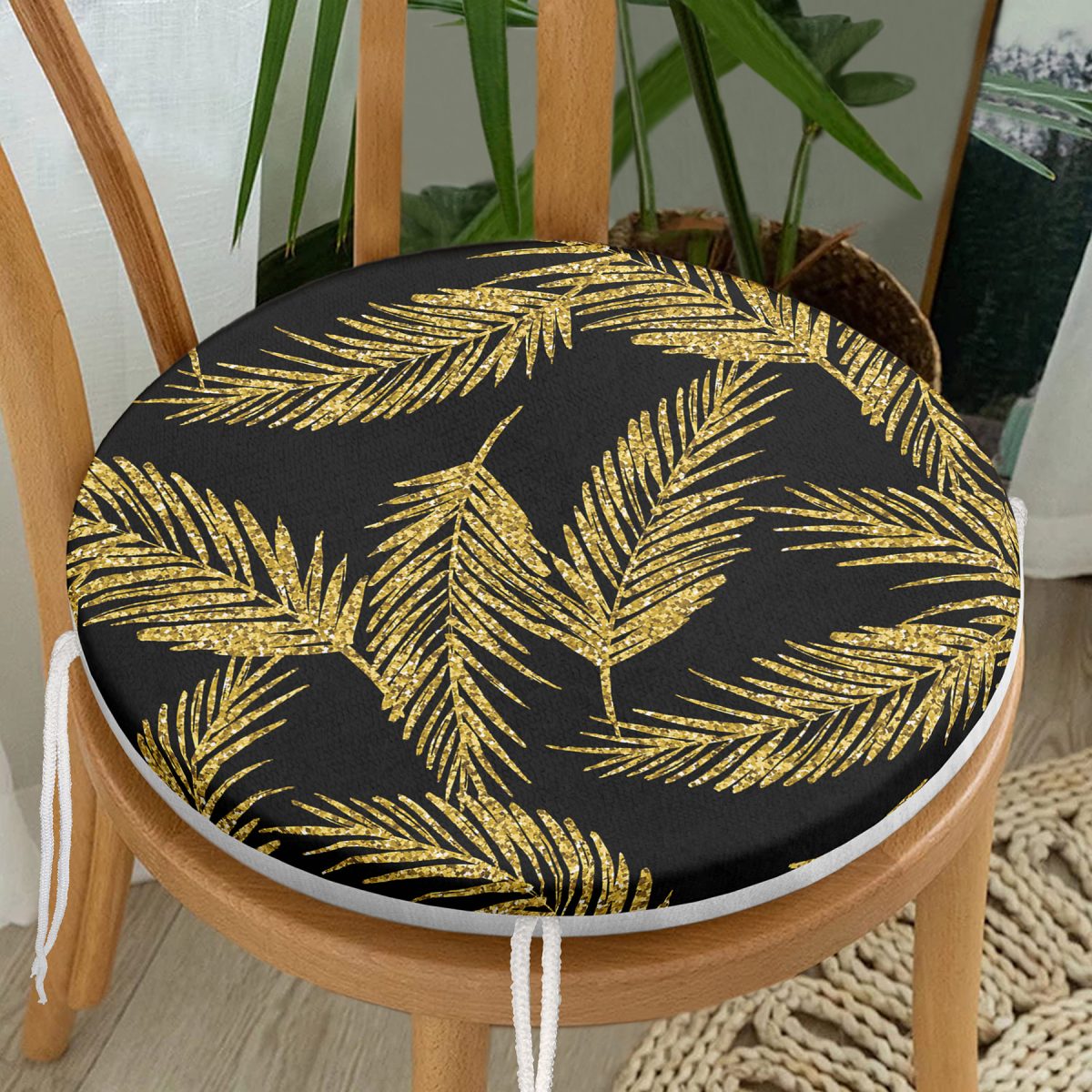 Siyah Zemin Üzerinde Gold Renkli Yaprak Desenli Dijital Baskılı Modern Yuvarlak Fermuarlı Sandalye Minderi Realhomes