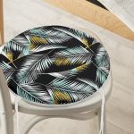 - RealHomes Yuvarlak Fermuarlı Minder - Realhomes  Siyah Zemin Üzerinde Yaprak Desenli Dijital Baskılı Modern Yuvarlak Fermuarlı Sandalye Minderi Realhomes