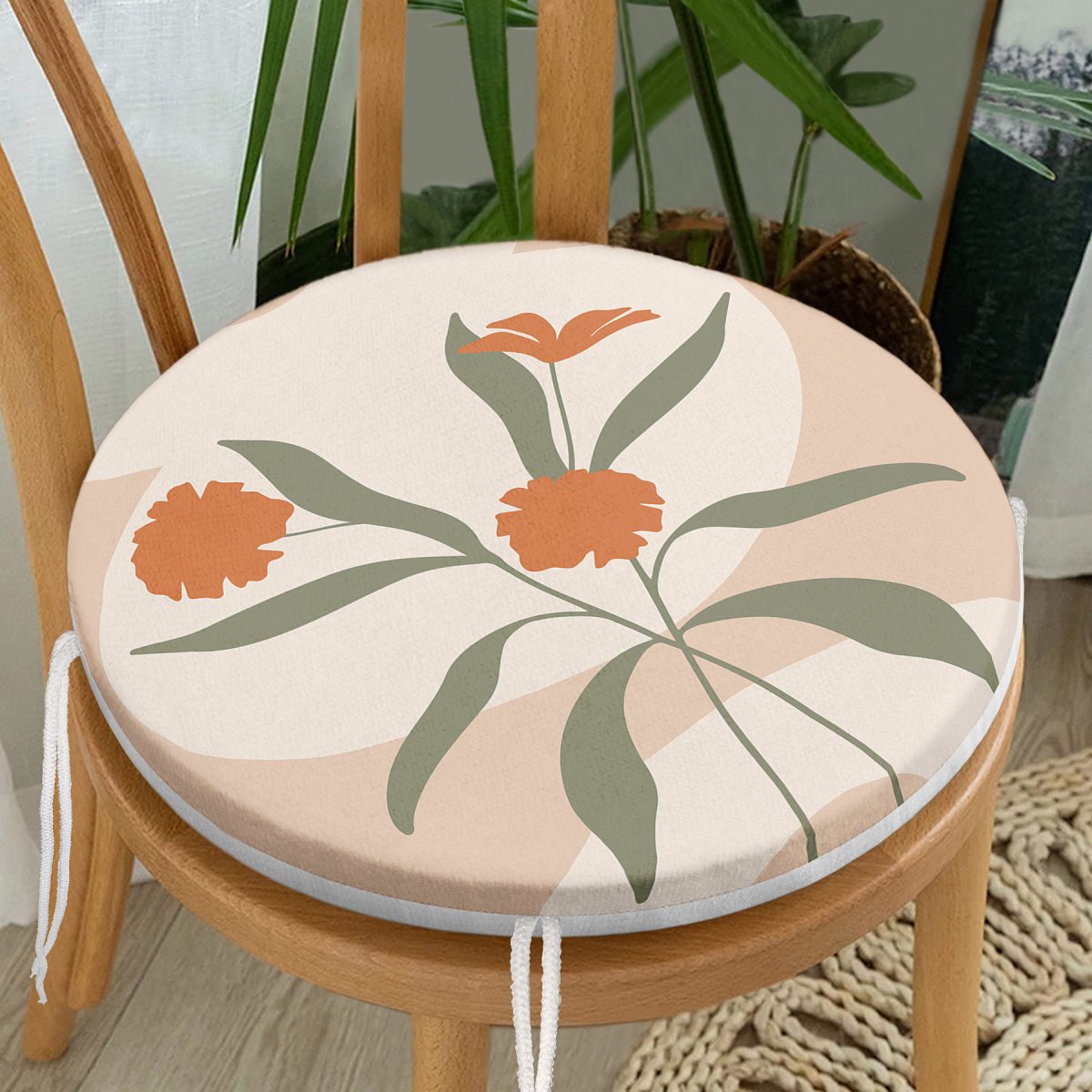 Soft Renkli Onedraw Çizimli Çiçek Desenli Dijital Baskılı Modern Yuvarlak Fermuarlı Sandalye Minderi Realhomes