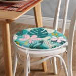 - RealHomes Yuvarlak Fermuarlı Minder - Realhomes  Renkli Zemin Üzerinde Yaprak Motifli Dijital Baskılı Modern Yuvarlak Fermuarlı Sandalye Minderi Realhomes