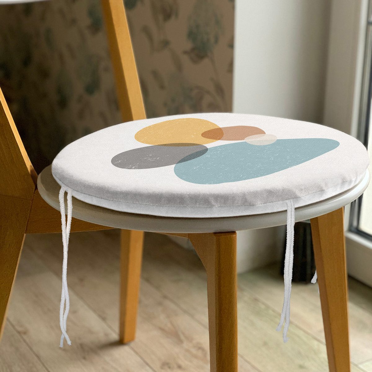 Renkli Zemin Üzerinde Onedraw Çizimli Oval Desenli Dijital Baskılı Modern Yuvarlak Fermuarlı Sandalye Minderi Realhomes