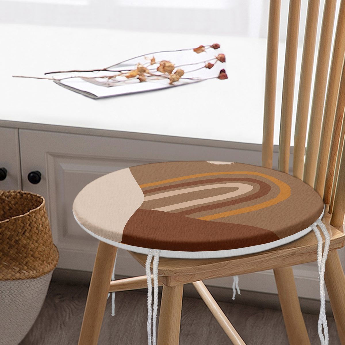Renkli Zeminde Onedraw Çizimli Oval Desenli Dijital Baskılı Modern Yuvarlak Fermuarlı Sandalye Minderi Realhomes