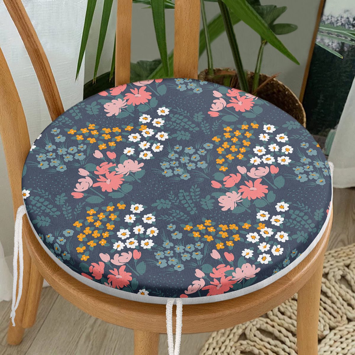 Renkli Zeminde Onedraw Çizimli Çiçek Desenli Dijital Baskılı Modern Yuvarlak Fermuarlı Sandalye Minderi Realhomes