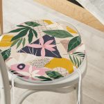 - RealHomes Yuvarlak Fermuarlı Minder - Realhomes  Renkli Zeminli Yaprak Desenli Onedraw Çizim Dijital Baskılı Modern Yuvarlak Fermuarlı Sandalye Minderi Realhomes