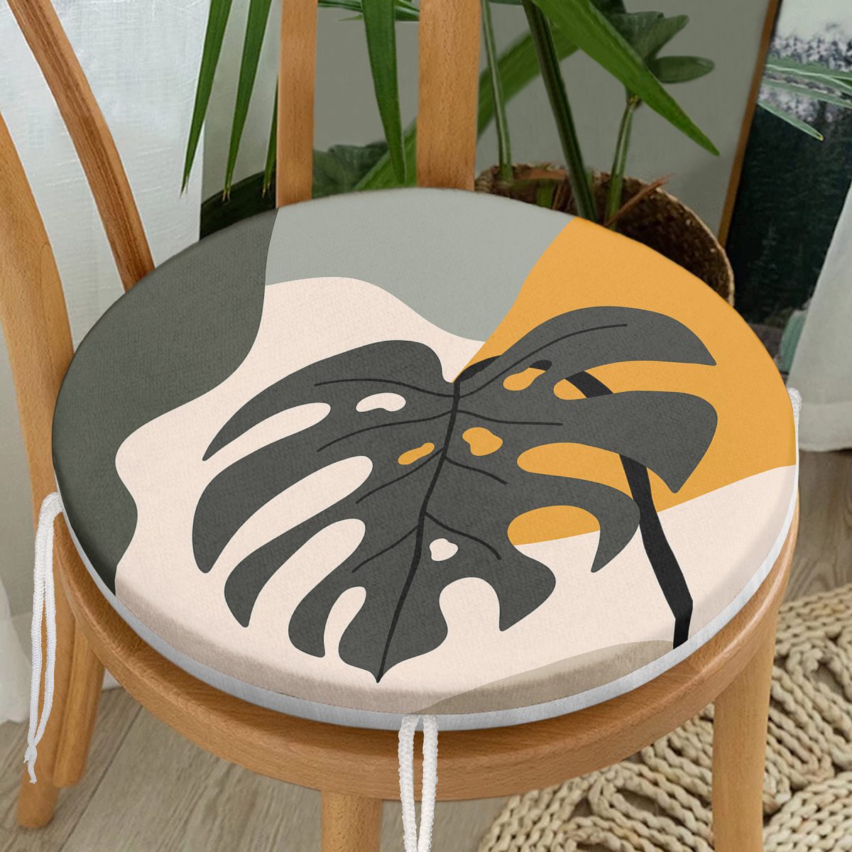 Renkli Zeminli Onedraw Çizimli Yaprak Desenli Dijital Baskılı Modern Yuvarlak Fermuarlı Sandalye Minderi Realhomes