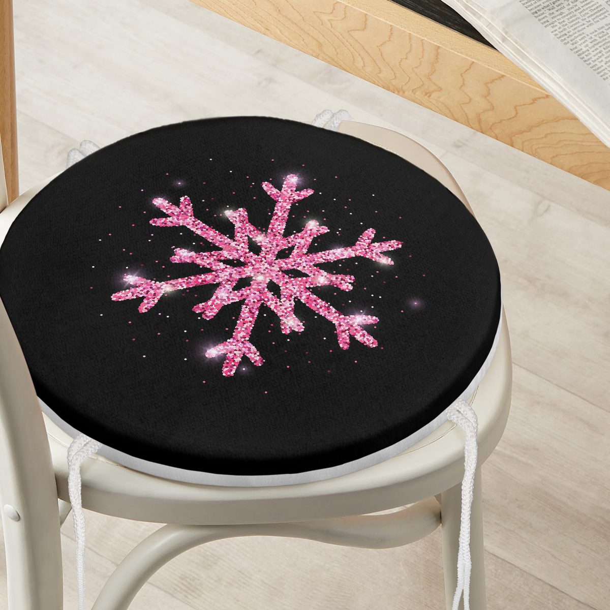 Siyah Zeminli Pembe Renkli Kar tanesi Desenli Dijital Baskılı Modern Yuvarlak Fermuarlı Sandalye Minderi Realhomes