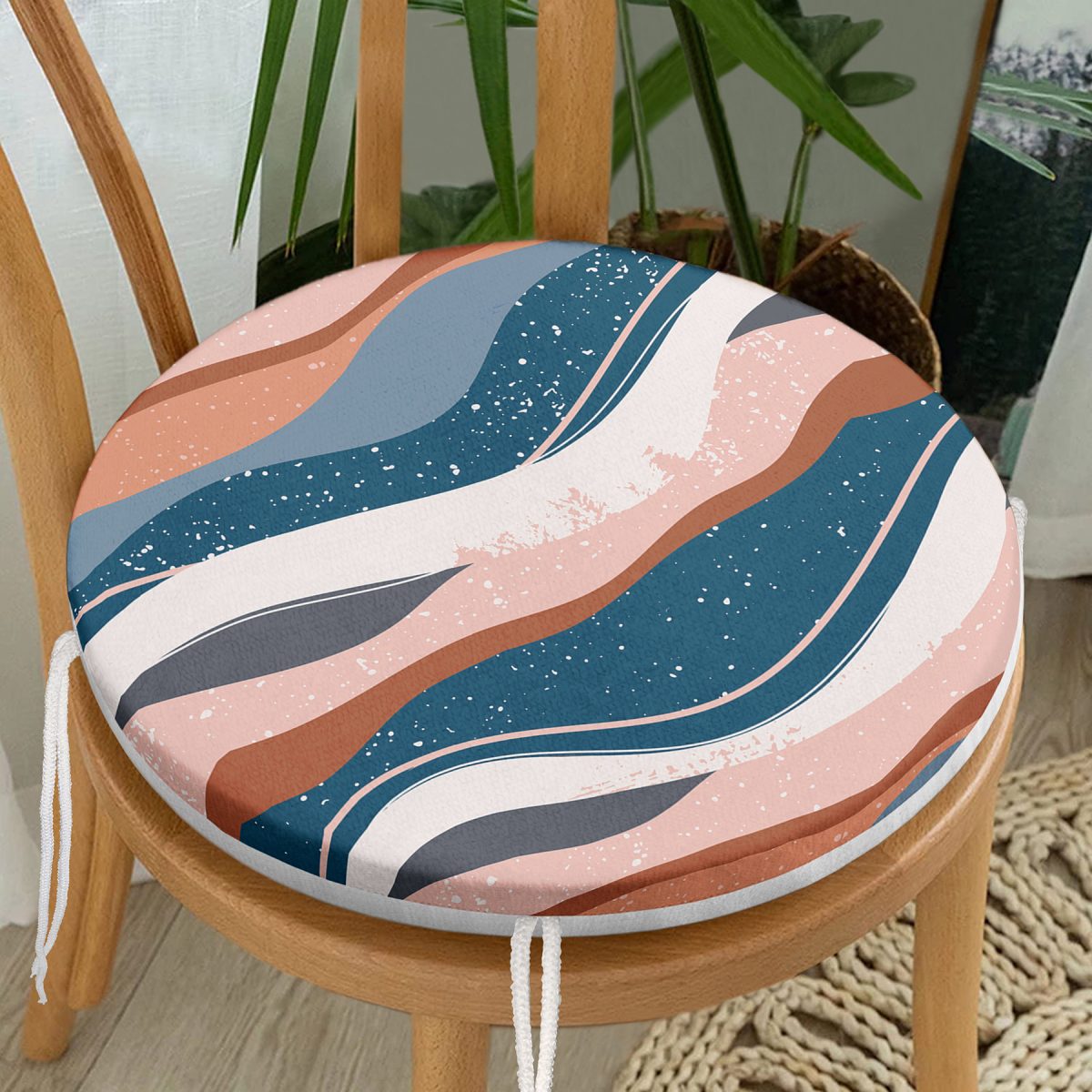 Renkli Zemin Üzerinde Geometrik Çizim Dijital Baskılı Modern Yuvarlak Fermuarlı Sandalye Minderi Realhomes