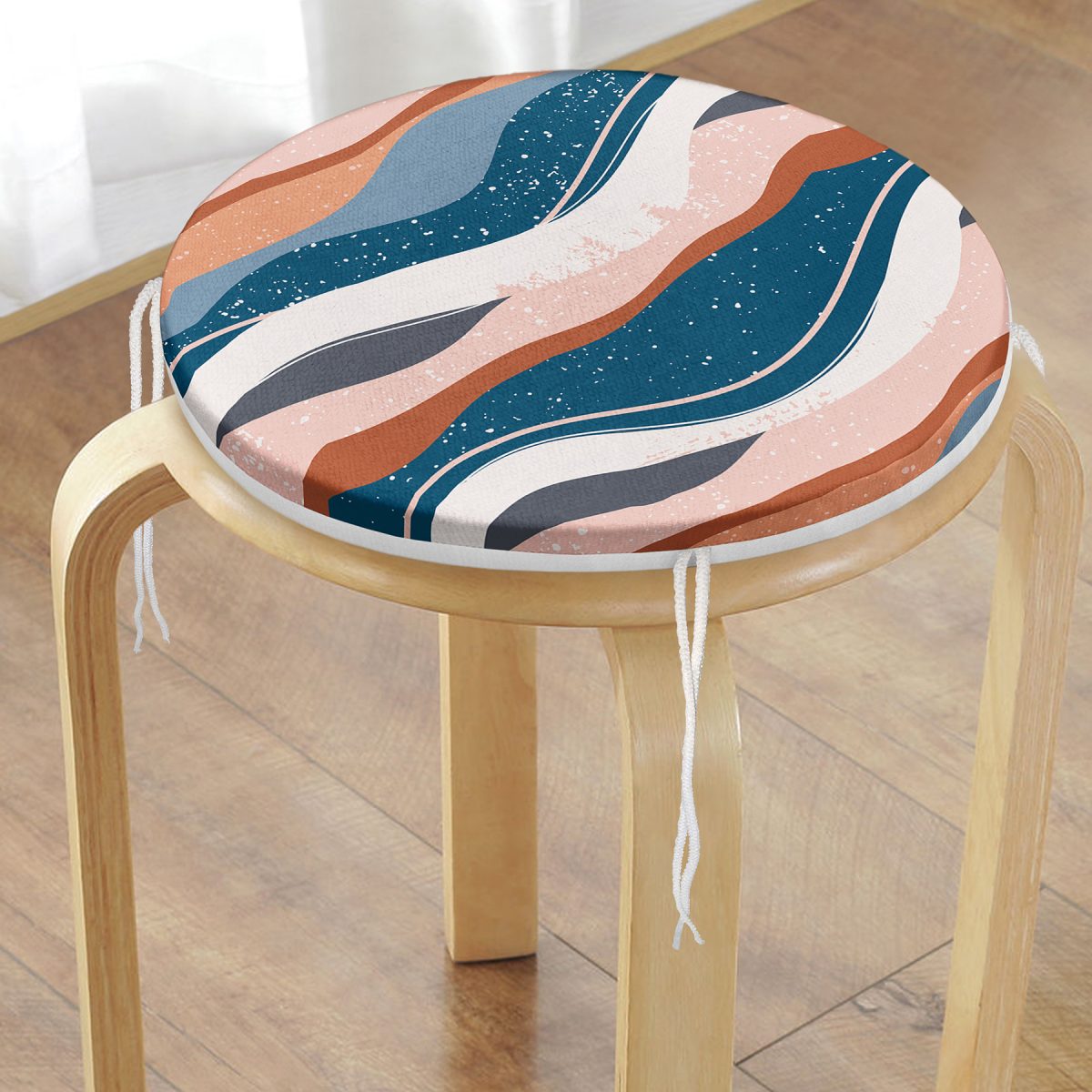 Renkli Zemin Üzerinde Geometrik Çizim Dijital Baskılı Modern Yuvarlak Fermuarlı Sandalye Minderi Realhomes