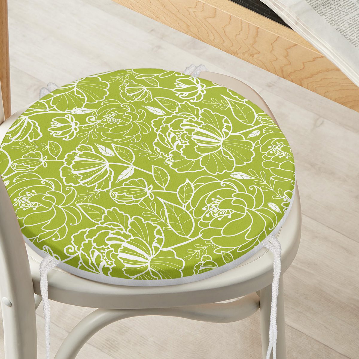 Renkli Zemin Üzerinde Onedraw Çizimli Çiçek Desenli Dijital Baskılı Modern Yuvarlak Fermuarlı Sandalye Minderi Realhomes
