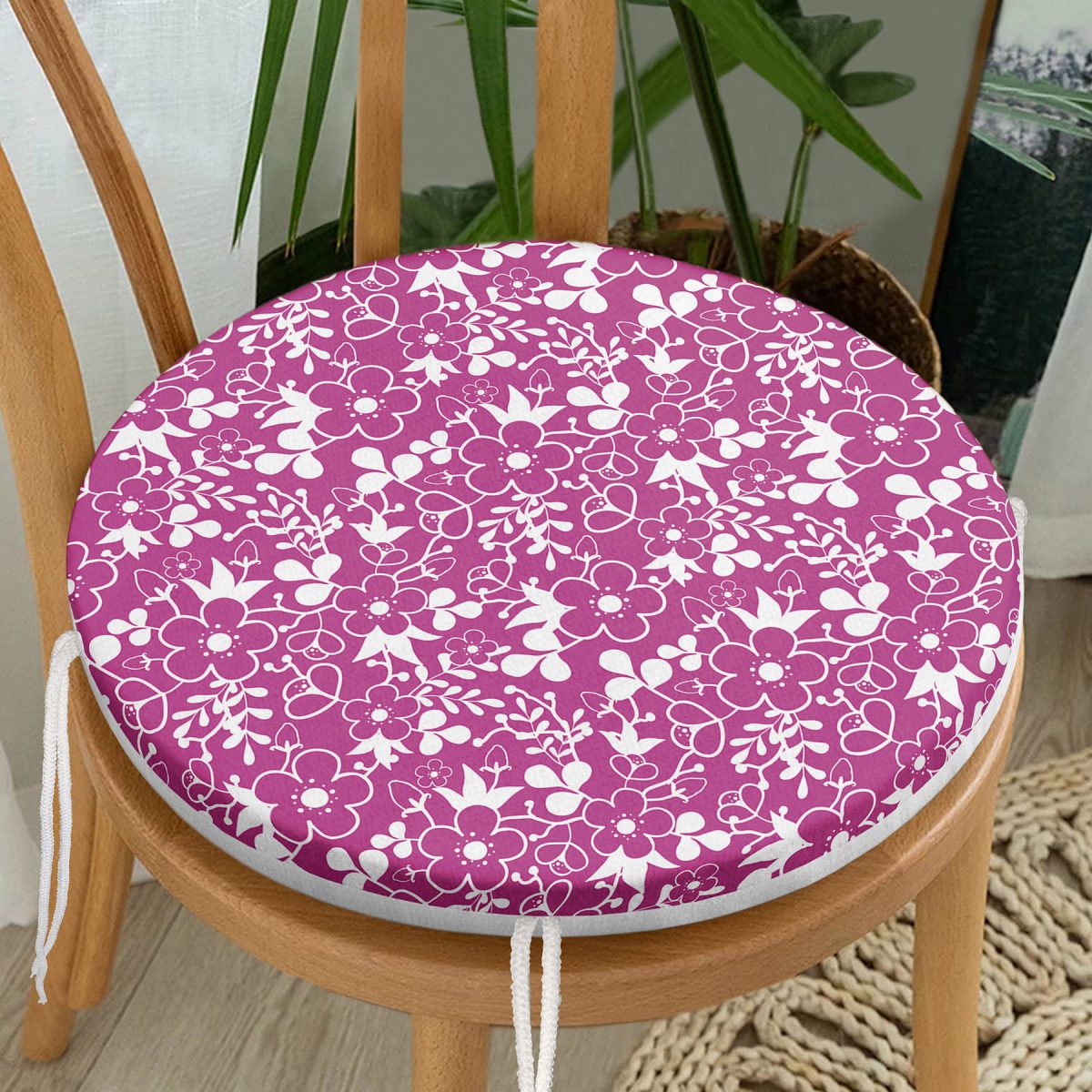 Renkli Zemin Üzerinde Çiçek Desenli Dijital Baskılı Modern Yuvarlak Fermuarlı Sandalye Minderi Realhomes