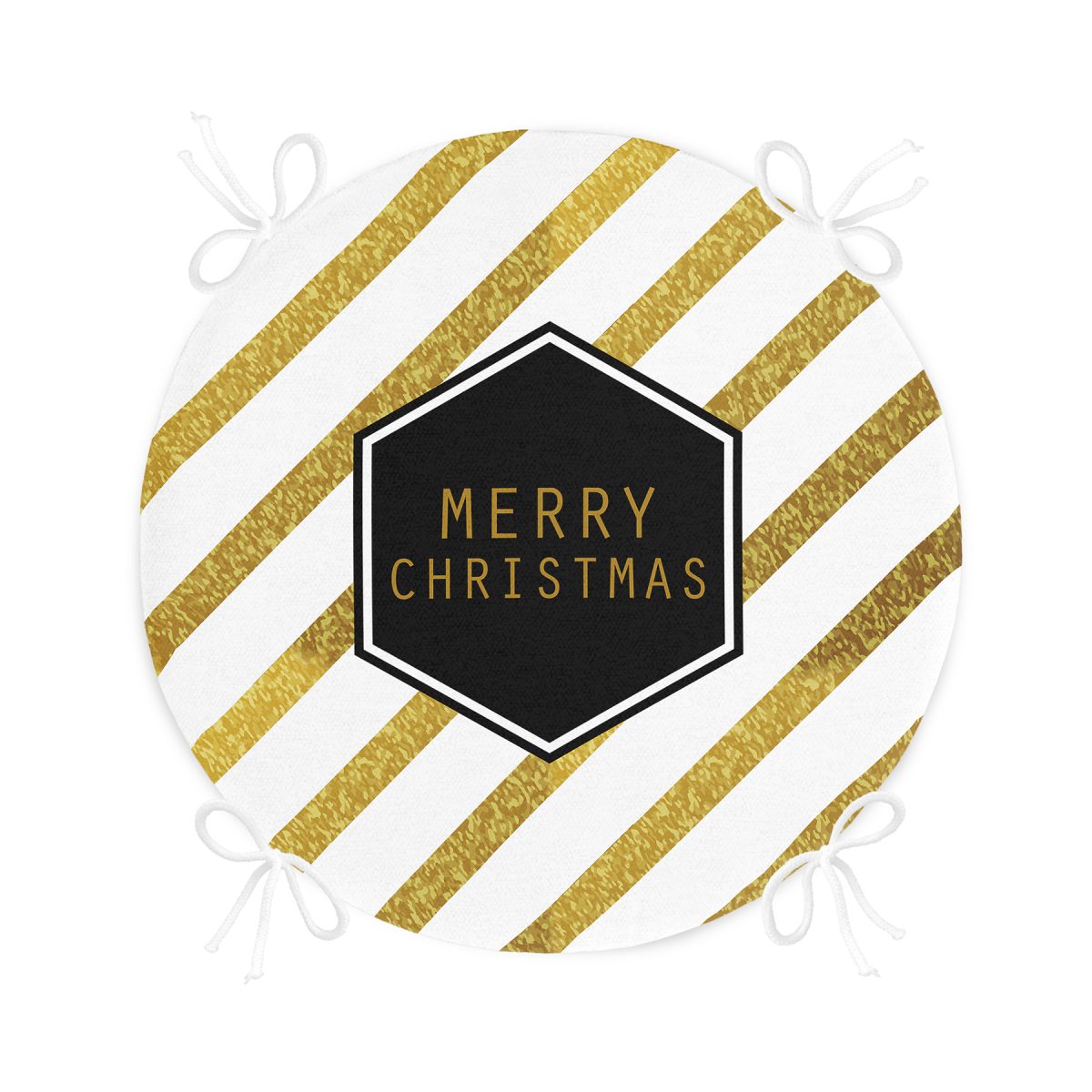 Beyaz Zeminde Gold Detaylı Merry Christmas Yazılı Dijital Baskılı Modern Yuvarlak Fermuarlı Sandalye Minderi Realhomes