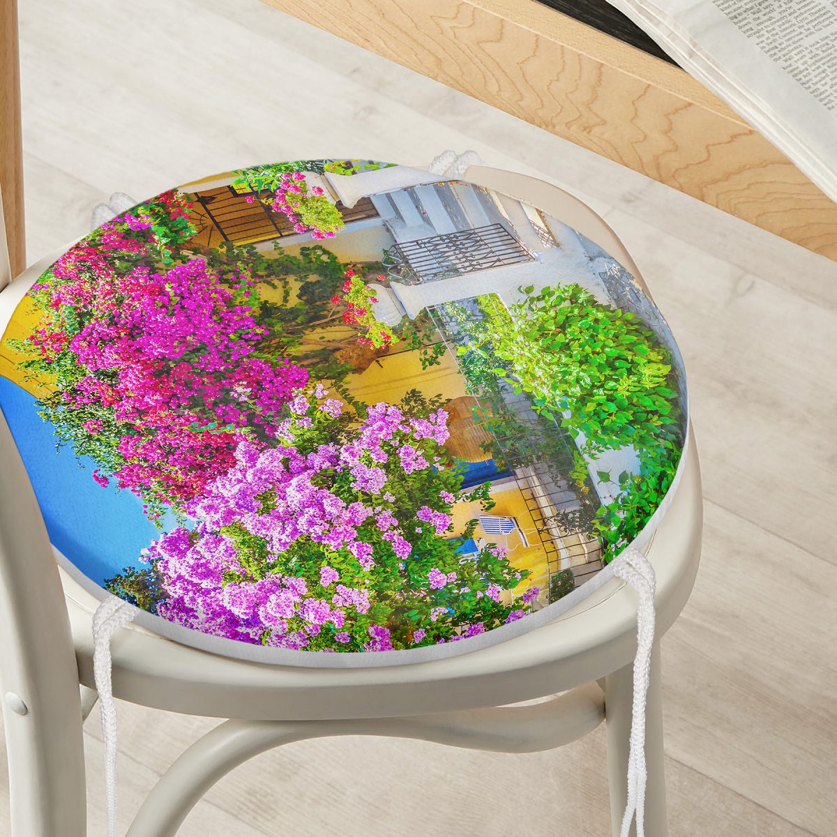 Çiçek Temalı Dijital Baskılı Yuvarlak Fermuarlı Sandalye Minderi Realhomes