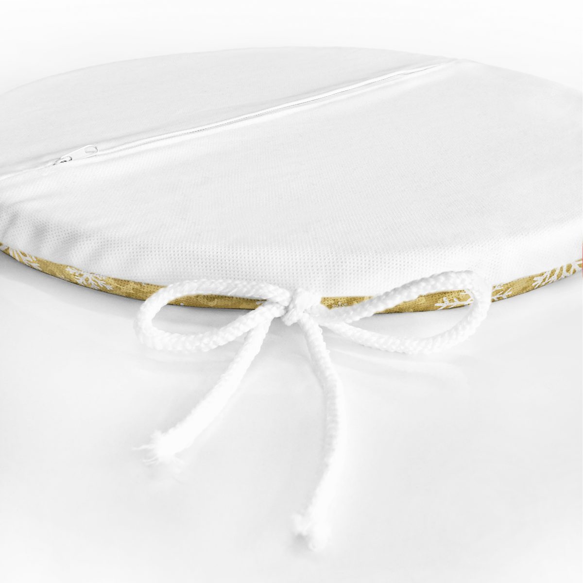 Gold Zemin Üzerinde Beyaz Renkli Kar tanesi Desenli Dijital Baskılı Modern Yuvarlak Fermuarlı Sandalye Minderi Realhomes