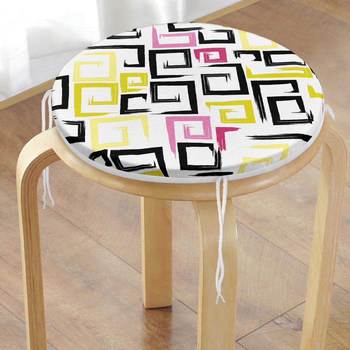Beyaz Zemin Üzerinde Renkli Modern Geometrik Desenli Dijital Baskılı Modern Yuvarlak Fermuarlı Sandalye Minderi Realhomes