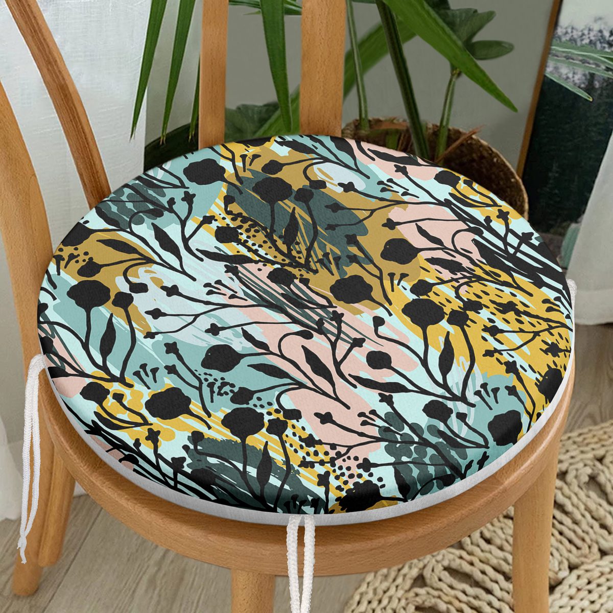 Beyaz Zemin Üzerinde Pastel Renkli Çiçek Desenli Dijital Baskılı Modern Yuvarlak Fermuarlı Sandalye Minderi Realhomes