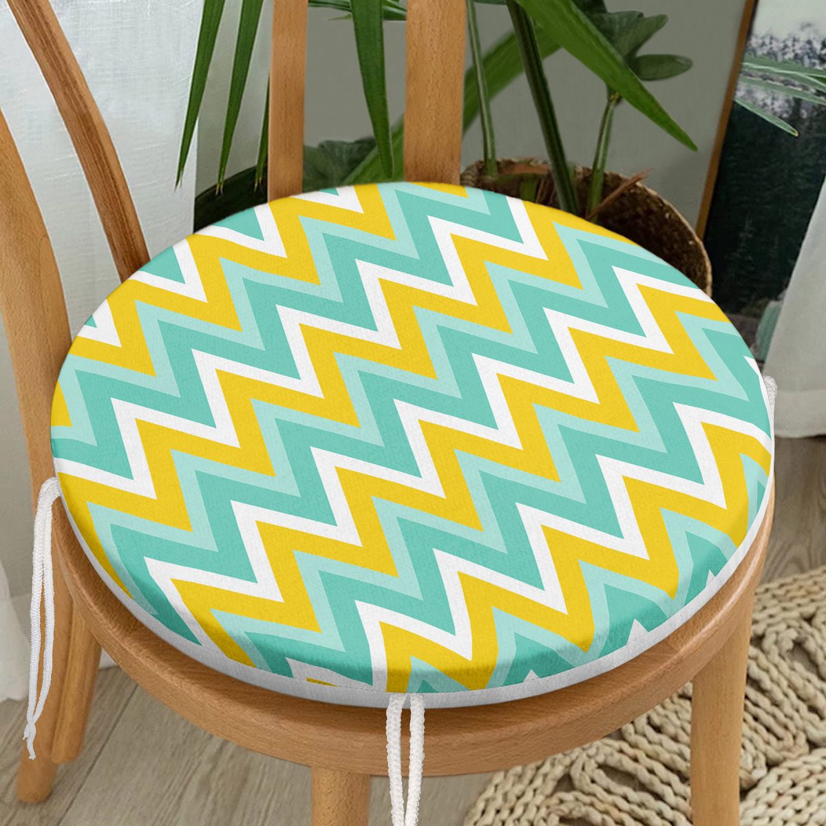 Renkli Zemin Üzerinde Geometrik Zikzak Desenli Dijital Baskılı Modern Yuvarlak Fermuarlı Sandalye Minderi Realhomes