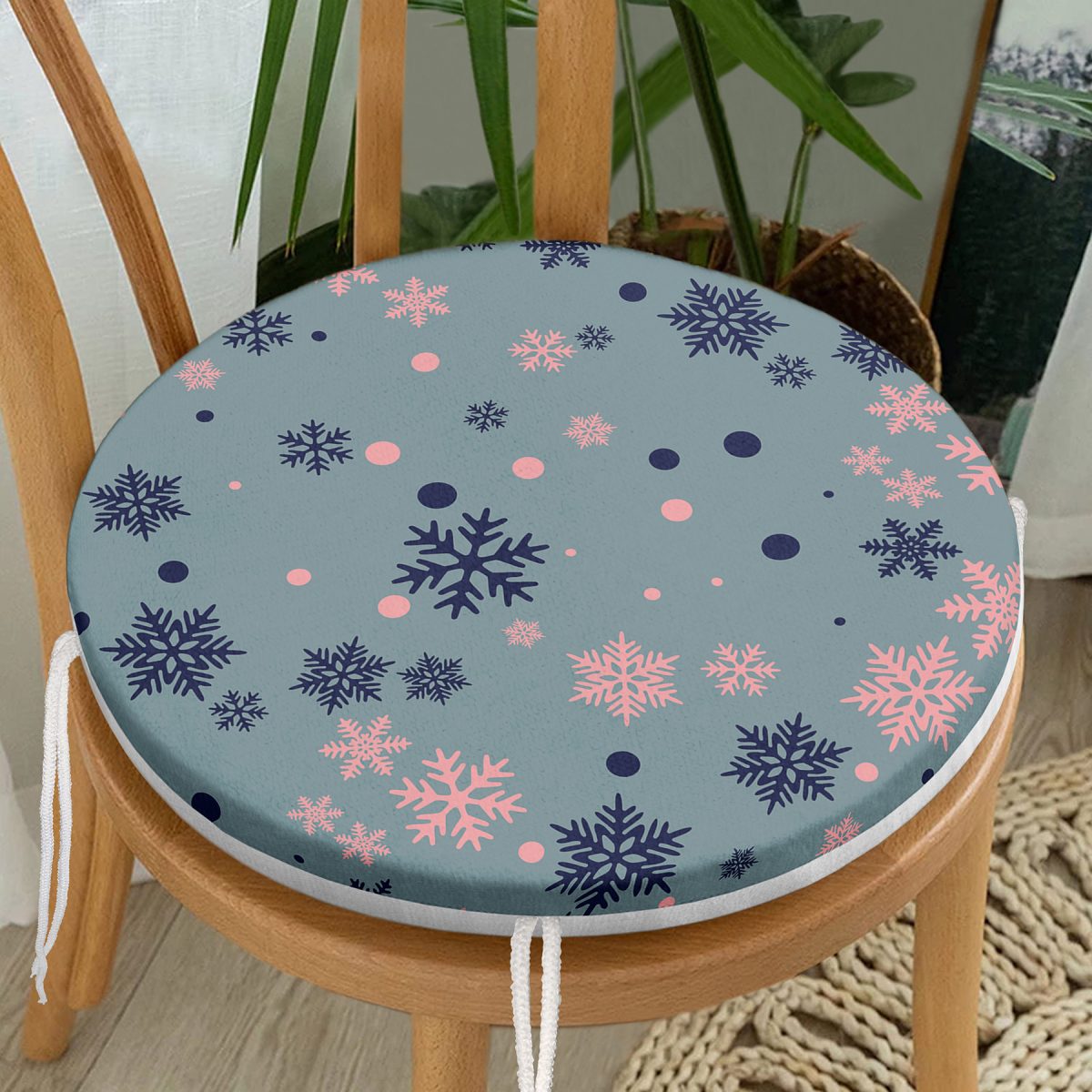 Renkli Zemin Üzerinde Kar tanesi Desenli Dijital Baskılı Modern Yuvarlak Fermuarlı Sandalye Minderi Realhomes