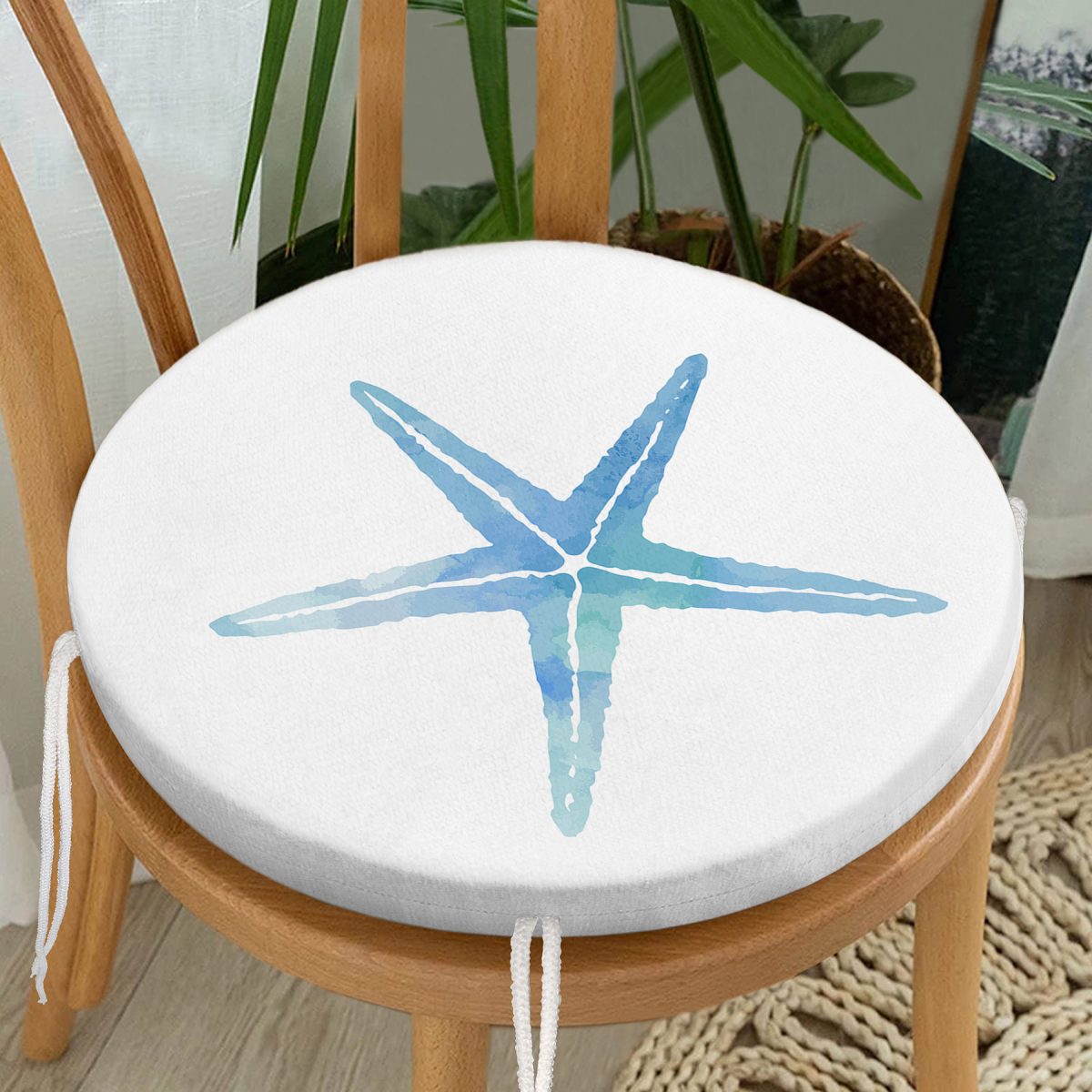 Beyaz Zemin Üzerinde Renkli Deniz Atı Desenli Dijital Baskılı Modern Yuvarlak Fermuarlı Sandalye Minderi Realhomes