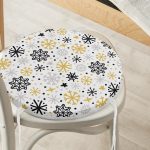 - RealHomes Yuvarlak Fermuarlı Minder - Realhomes  Beyaz Zemin Üzerinde Gold Detaylı Kar tanesi Desenli Dijital Baskılı Modern Yuvarlak Fermuarlı Sandalye Minderi Realhomes
