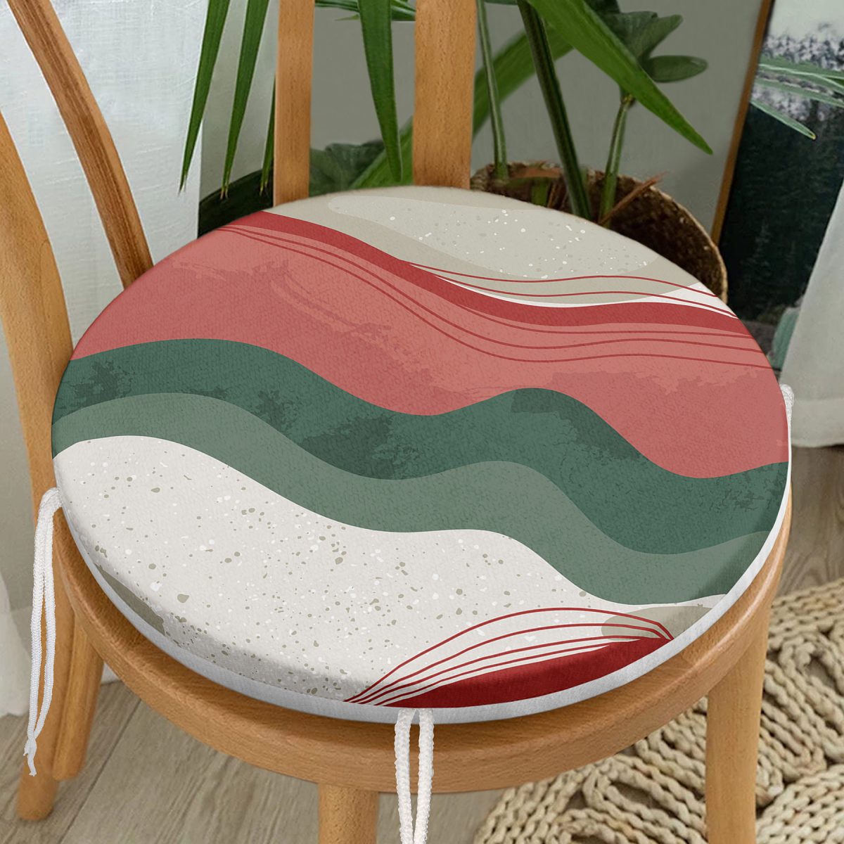 Renkli Zemin Üzerinde Geometrik Desenli Dijital Baskılı Modern Yuvarlak Fermuarlı Sandalye Minderi Realhomes