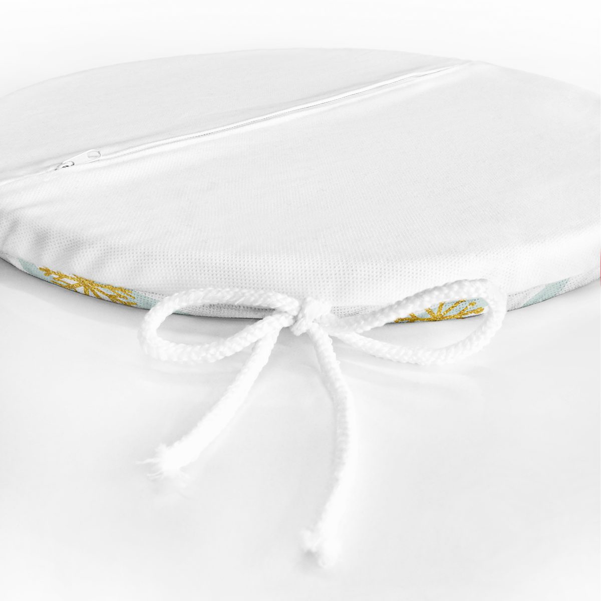 Beyaz Zeminde Renkli Çizgili Gold Detaylı Kar tanesi Desenli Dijital Baskılı Modern Yuvarlak Fermuarlı Sandalye Minderi Realhomes