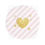 Beyaz Zeminde Pembe Yatay Çizgili Gold Detaylı Kalp Desenli Dijital Baskılı Modern Yuvarlak Fermuarlı Sandalye Minderi Realhomes