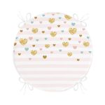 - RealHomes Yuvarlak Fermuarlı Minder - Realhomes  Beyaz Zeminde Pembe Yatay Çizgili Gold Detaylı Kalp Desenli Dijital Baskılı Modern Yuvarlak Fermuarlı Sandalye Minderi Realhomes