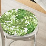 - RealHomes Yuvarlak Fermuarlı Minder - Realhomes Beyaz Zemin Üzerinde Yeşil Yaprak Desenli Dijital Baskılı Modern Yuvarlak Fermuarlı Sandalye Minderi Realhomes