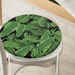 - RealHomes Yuvarlak Fermuarlı Minder - Realhomes  Siyah Zemin Üzerinde Yeşil Yaprak Desenli Dijital Baskılı Modern Yuvarlak Fermuarlı Sandalye Minderi Realhomes