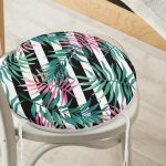 Beyaz Zeminde Siyah Beyaz Çizgili Yeşil Yaprak Desenli Dijital Baskılı Modern Yuvarlak Fermuarlı Sandalye Minderi Realhomes