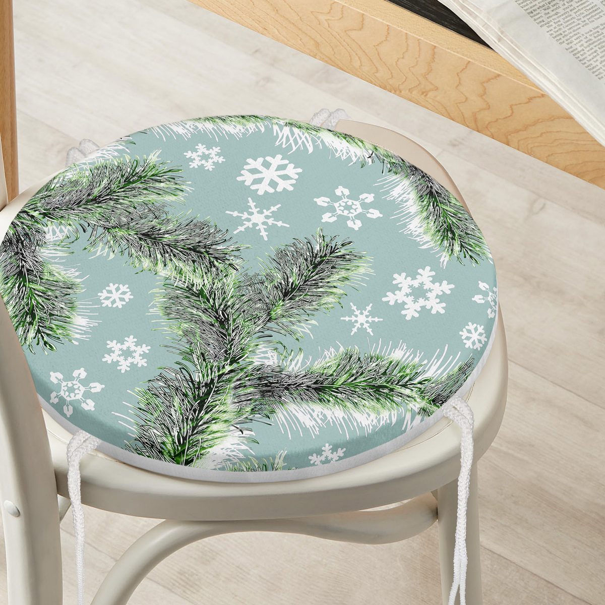 Renkli Zemin Üzerinde Kar tanesi Desenli Dijital Baskılı Modern Yuvarlak Fermuarlı Sandalye Minderi Realhomes