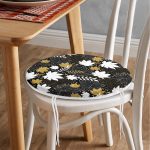 - RealHomes Yuvarlak Fermuarlı Minder - Realhomes Siyah Zemin Üzerinde Gold Detaylı Yaprak Desenli Dijital Baskılı Modern Yuvarlak Fermuarlı Sandalye Minderi Realhomes