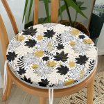 - RealHomes Yuvarlak Fermuarlı Minder - Realhomes  Beyaz Zeminde Gold Detaylı Sonbahar Yaprak Desenli Dijital Baskılı Modern Yuvarlak Fermuarlı Sandalye Minderi Realhomes