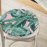 - RealHomes Yuvarlak Fermuarlı Minder - Realhomes  Pastel Zemin Üzerinde Yeşil Yaprak Desenli Dijital Baskılı Modern Yuvarlak Fermuarlı Sandalye Minderi Realhomes