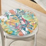 - RealHomes Yuvarlak Fermuarlı Minder - Realhomes Beyaz Zemin Üzerinde Renkli Yaprak Desenli Dijital Baskılı Modern Yuvarlak Fermuarlı Sandalye Minderi Realhomes