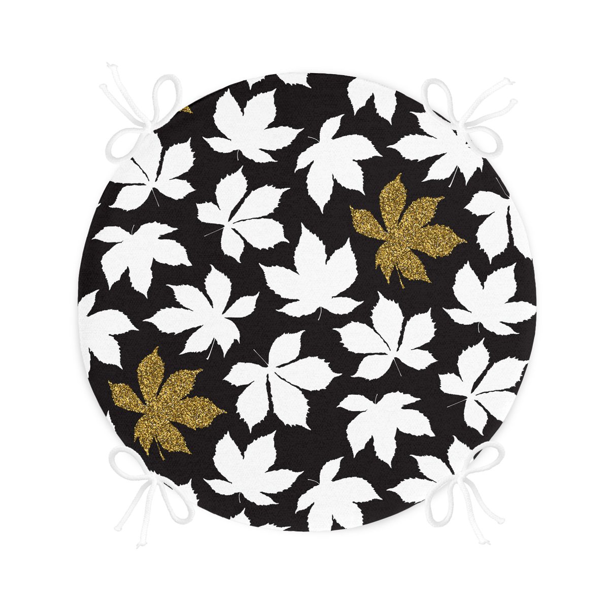 Siyah Zemin Üzerinde Gold Detaylı Beyaz Çiçek Desenli Dijital Baskılı Modern Yuvarlak Fermuarlı Sandalye Minderi Realhomes