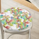 Beyaz Zemin Üzerinde Renkli Yaprak Desenli Dijital Baskılı Modern Yuvarlak Fermuarlı Sandalye Minderi Realhomes