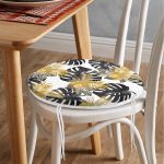 - RealHomes Yuvarlak Fermuarlı Minder - Realhomes Beyaz Zemin Üzerinde Gold Detaylı Siyah Yaprak Desenli Dijital Baskılı Modern Yuvarlak Fermuarlı Sandalye Minderi Realhomes