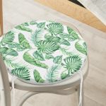 - RealHomes Yuvarlak Fermuarlı Minder - Realhomes Beyaz Zemin Üzerinde Yeşil Yaprak Desenli Dijital Baskılı Modern Yuvarlak Fermuarlı Sandalye Minderi Realhomes
