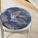 - RealHomes Yuvarlak Fermuarlı Minder - Realhomes  Mavi Zemin Üzerinde Gold Detaylı Yaprak Desenli Dijital Baskılı Modern Yuvarlak Fermuarlı Sandalye Minderi Realhomes