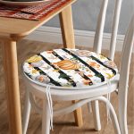 - RealHomes Yuvarlak Fermuarlı Minder - Realhomes  Beyaz Zemin Üzerinde Siyah Çizgili Bal Kabağı Desenli Dijital Baskılı Modern Yuvarlak Fermuarlı Sandalye Minderi Realhomes