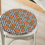 - RealHomes Yuvarlak Fermuarlı Minder - Realhomes  Siyah Beyaz Ekose Üzerinde Renkli Balkabağı Desenli Dijital Baskılı Modern Yuvarlak Fermuarlı Sandalye Minderi Realhomes