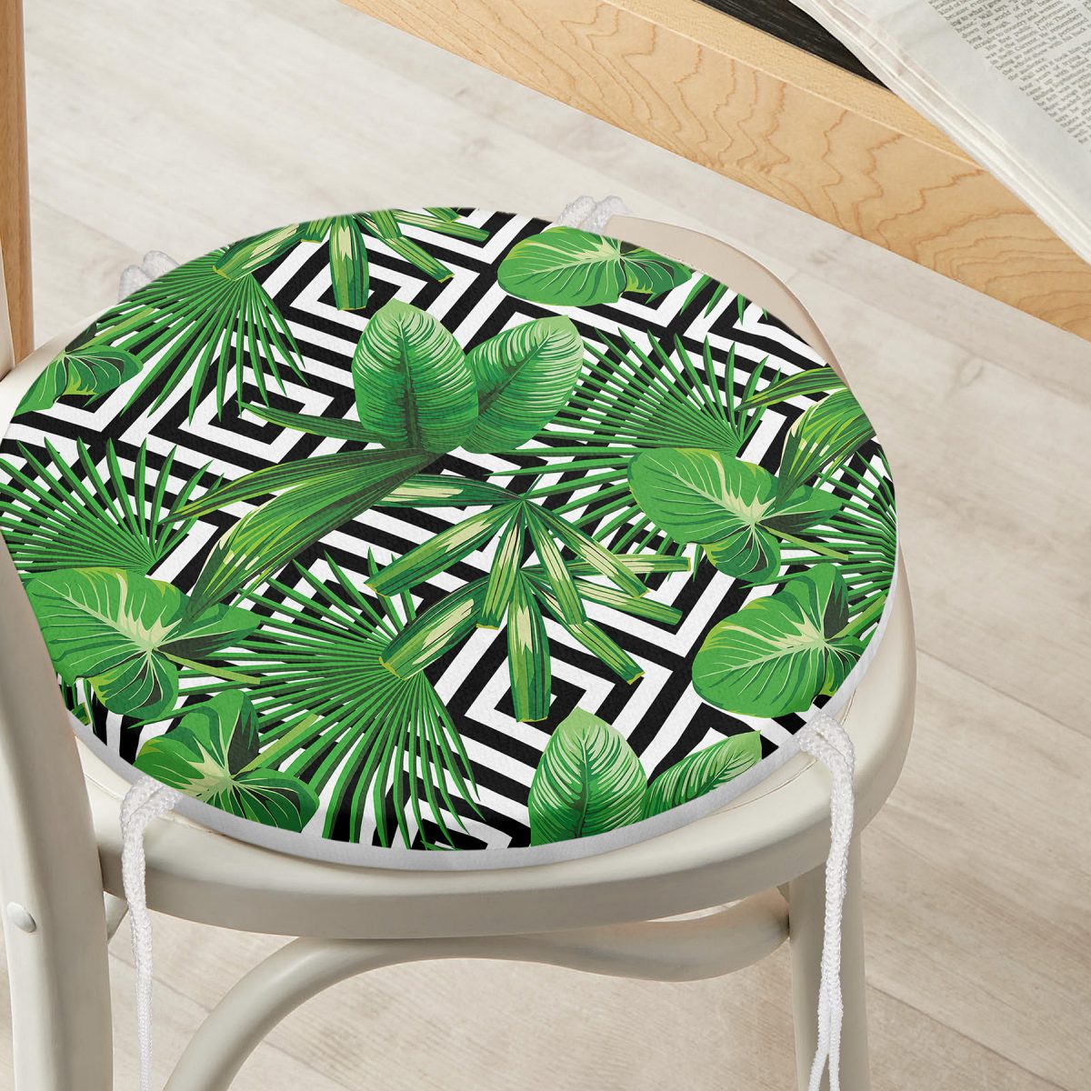 Geometrik Zeminde Yeşil Yaprak Desenli Dijital Baskılı Modern Yuvarlak Fermuarlı Sandalye Minderi Realhomes