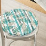 Beyaz Zemin Üzerinde Yeşil Çizgili Yaprak Desenli Dijital Baskılı Modern Yuvarlak Fermuarlı Sandalye Minderi Realhomes