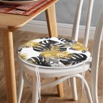 - RealHomes Yuvarlak Fermuarlı Minder - Realhomes Beyaz Zemin Üzerinde Gold Detaylı Yaprak Desenli Dijital Baskılı Modern Yuvarlak Fermuarlı Sandalye Minderi Realhomes