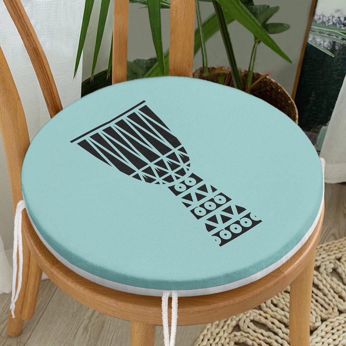 Renkli Zemin Üzerinde Onedraw Çizimli Kupa Desenli Dijital Baskılı Modern Yuvarlak Fermuarlı Sandalye Minderi Realhomes