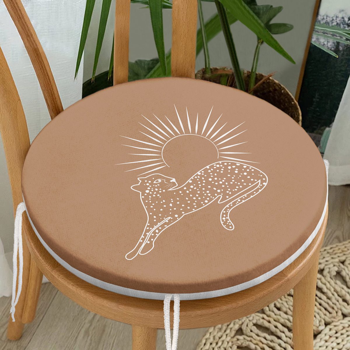 Pastel Zemin Üzerinde Onedraw Çizimli Güneş Desenli Dijital Baskılı Modern Yuvarlak Fermuarlı Sandalye Minderi Realhomes