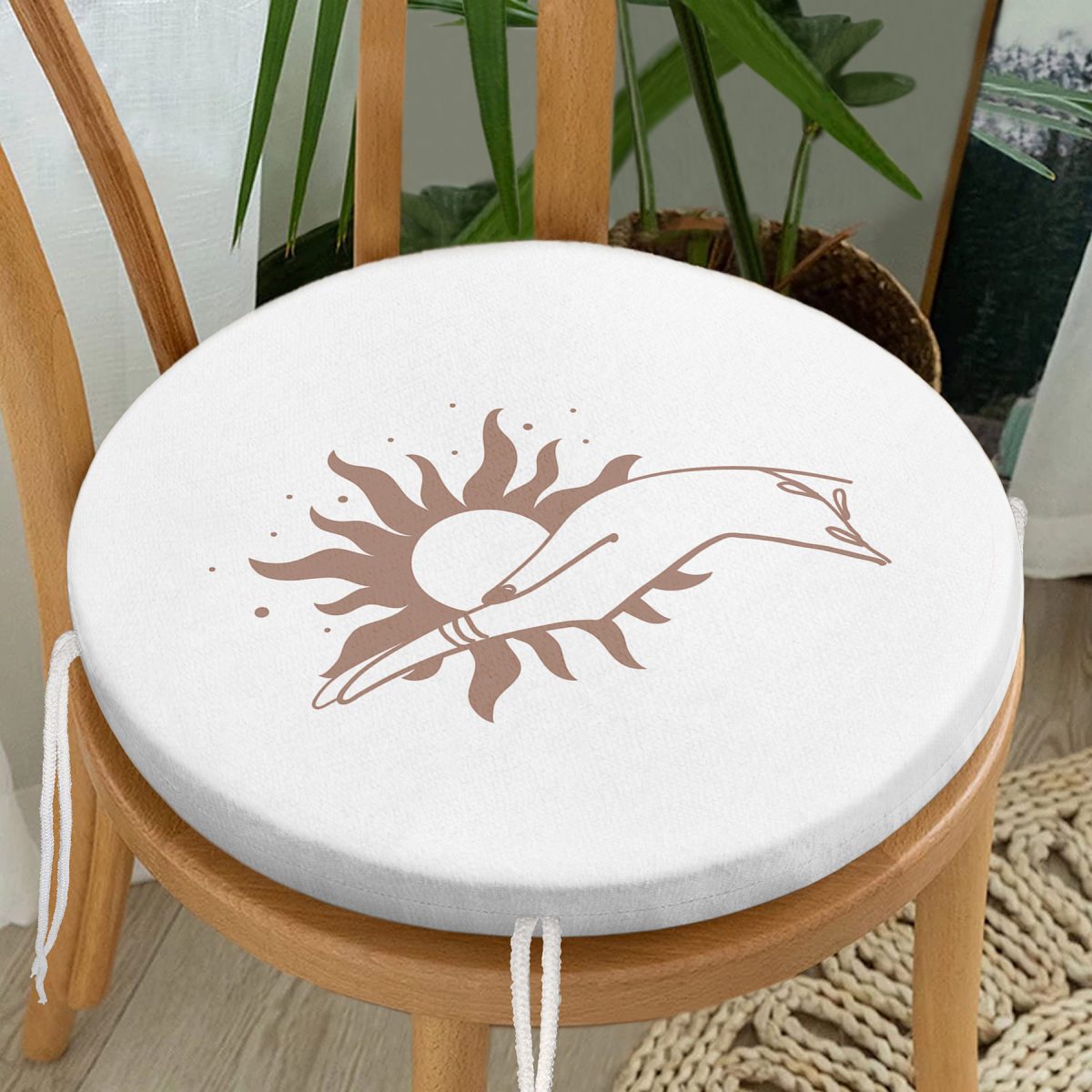 Beyaz Zeminde Onedraw Çizimli Güneş Tutan El Desenli Dijital Baskılı Modern Yuvarlak Fermuarlı Sandalye Minderi Realhomes